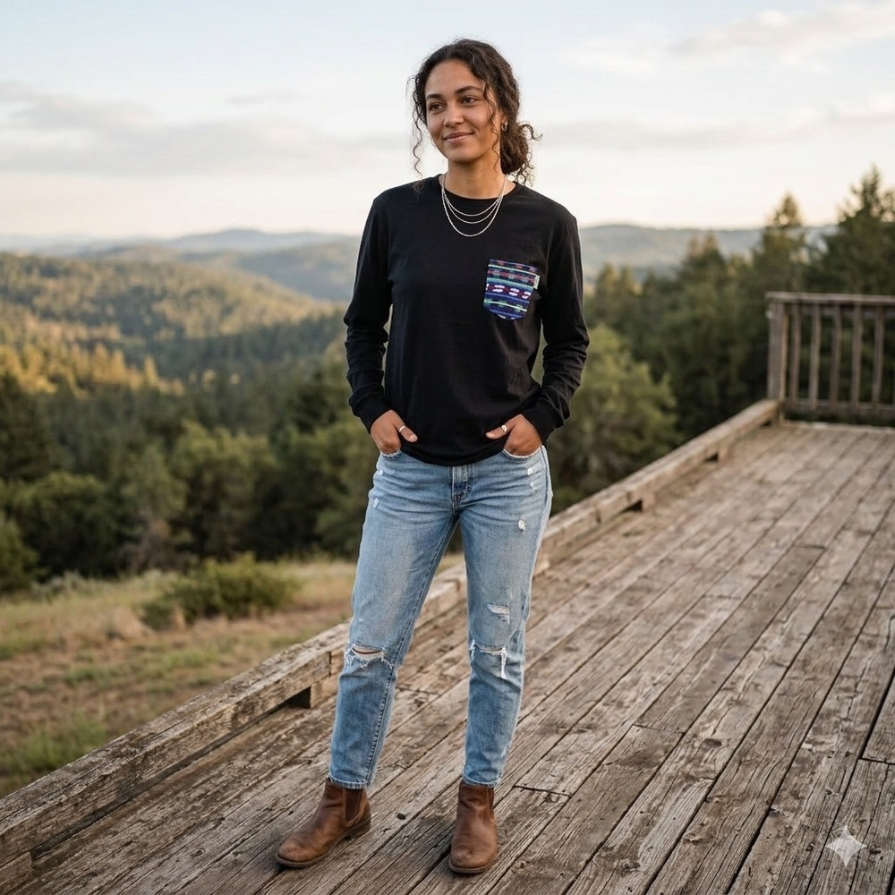 Unisex Black Long Sleeve Tee With Embroidered Pocket Design